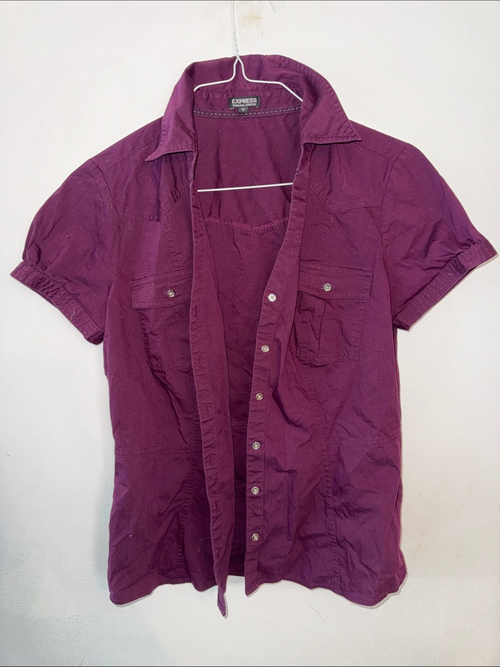 Express Plum Purple Short Sleeve Button Down Utility Pocket Shirt -large